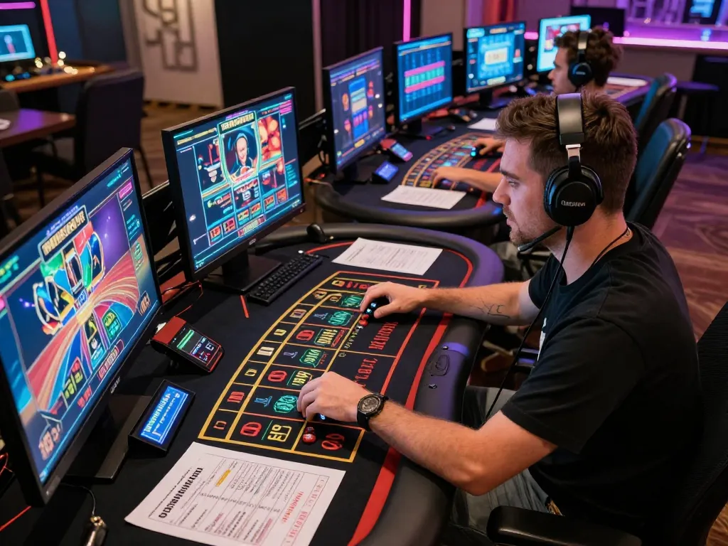 Player experiencing the thrill of online gambling at NK88, analyzing strategy notes and engaging with multiple games.