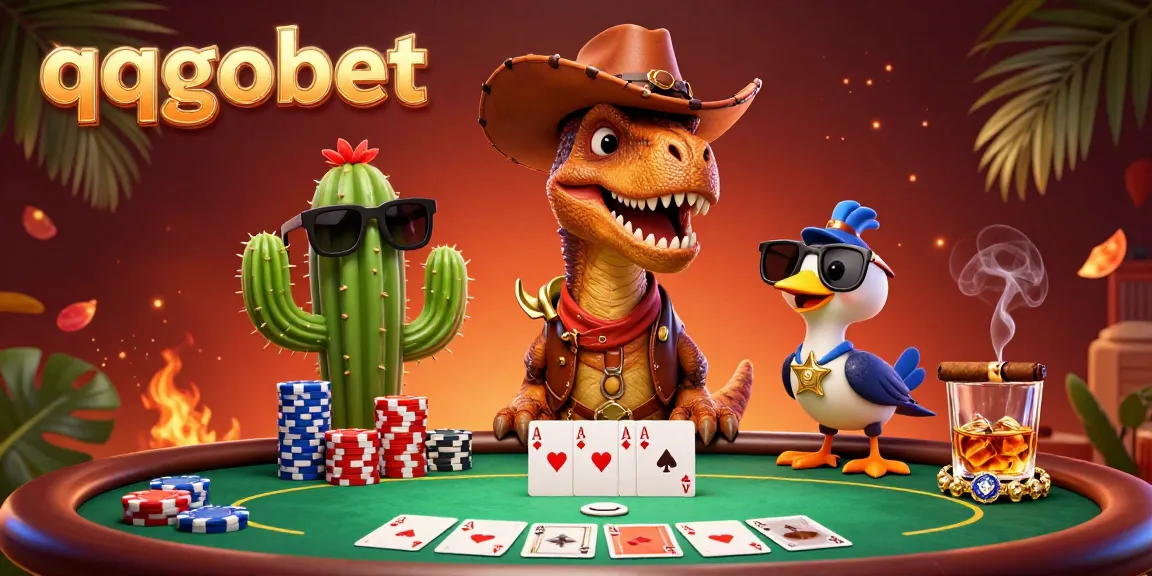 Karakter dinosaur cowboy qqgobet dengan elemen poker menarik di sekitar, menciptakan suasana kasino yang meriah