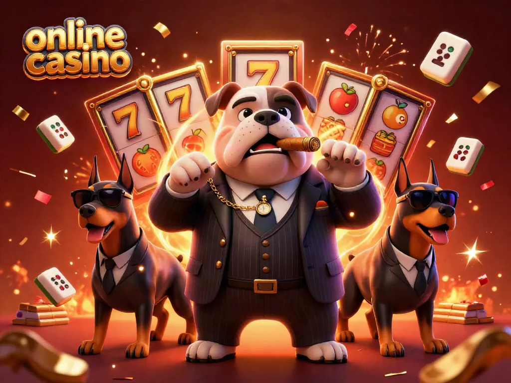 Experience thrilling gameplay at an online casino with a mafia boss bulldog and Dobermans among vibrant slots.