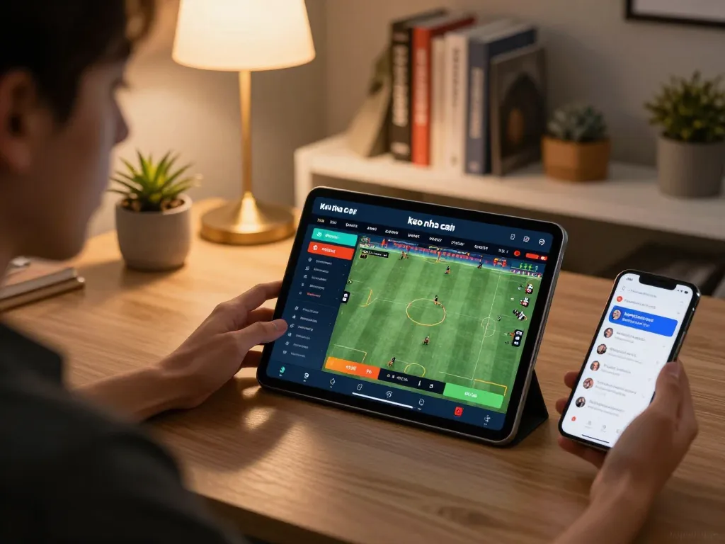 Engaging online gaming scene with keo nha cai sports betting interface on tablet, cozy home atmosphere