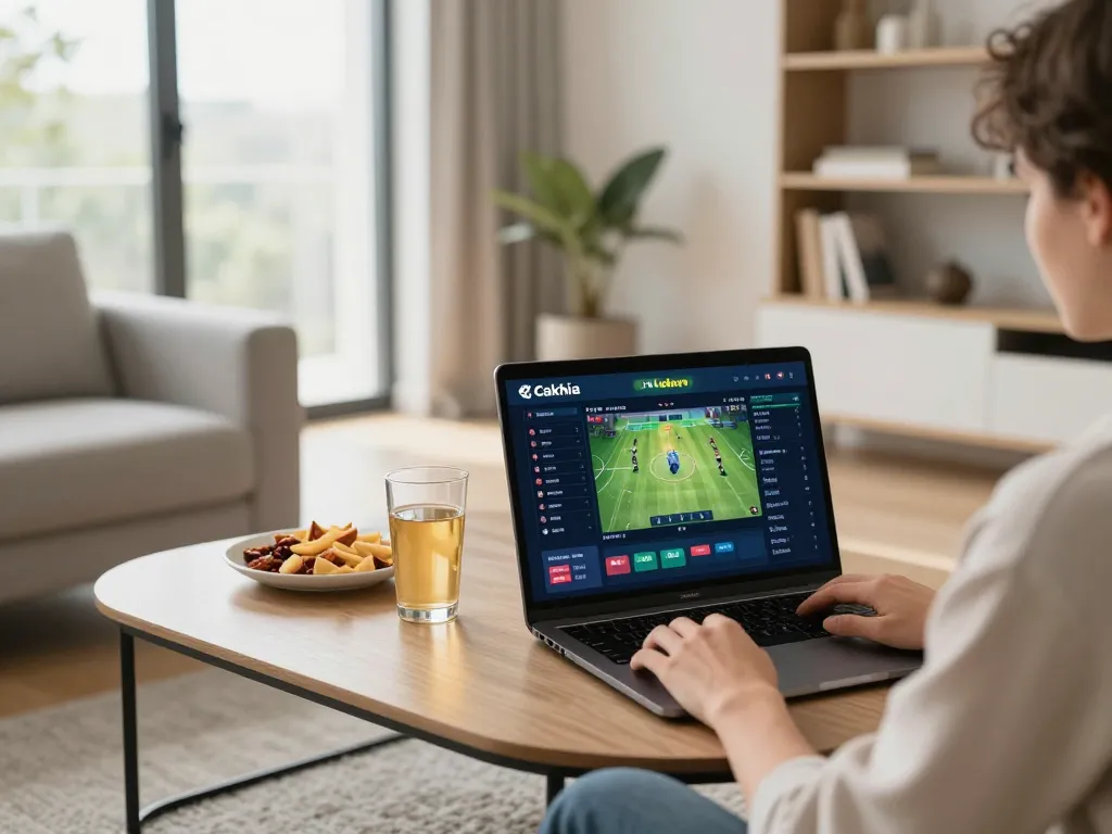 Cakhia tv online sports betting with user engaging on laptop in a cozy home setting