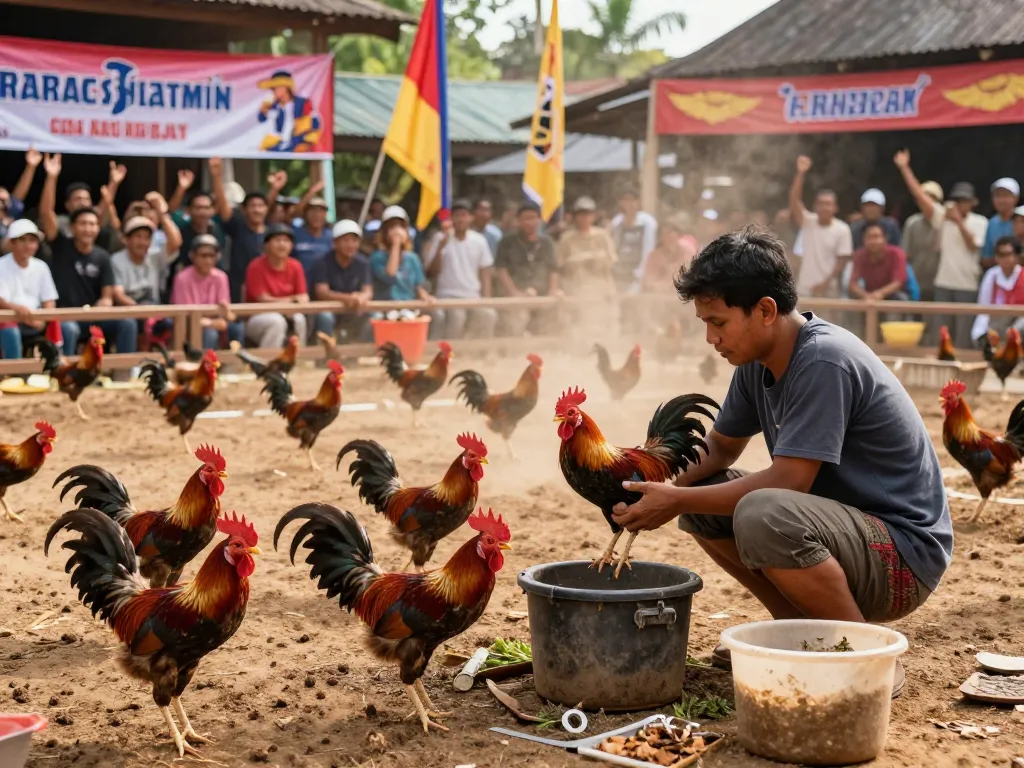 Acara sabung ayam online yang menarik menangkap suasana yang hidup dan elemen tradisional di Indonesia.