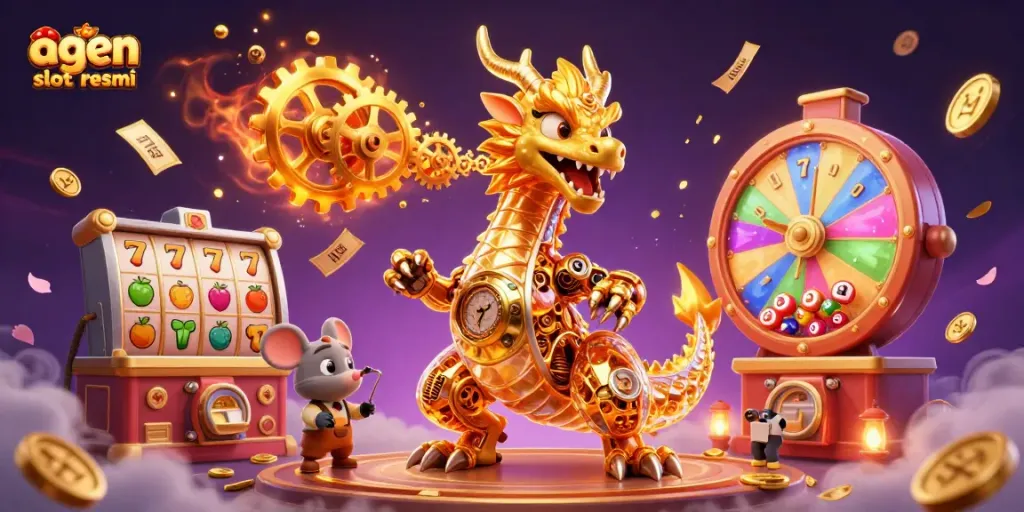 Experience the excitement of agen slot resmi with vibrant slot elements and a mystical 3D dragon illustration.