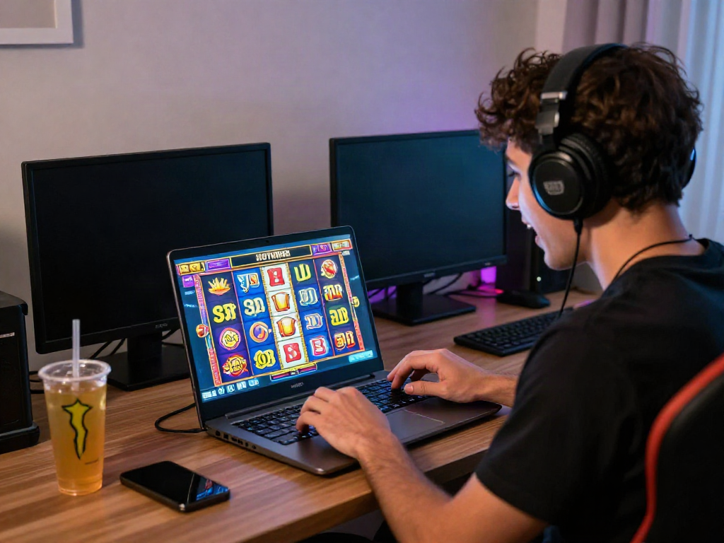 Pengguna HOTWIN88 bermain slot online dengan laptop dan suasana ceria.