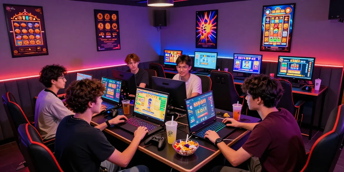 Friends enjoying a gaming session with laptops and gadgets featuring popular toto slot games in a vibrant lounge.