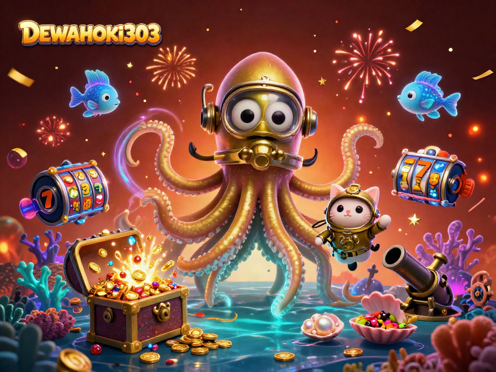 DEWAHOKI303 menyajikan ilustrasi kasino laut dengan monster 3D raksasa, koin emas, dan berbagai elemen slot.