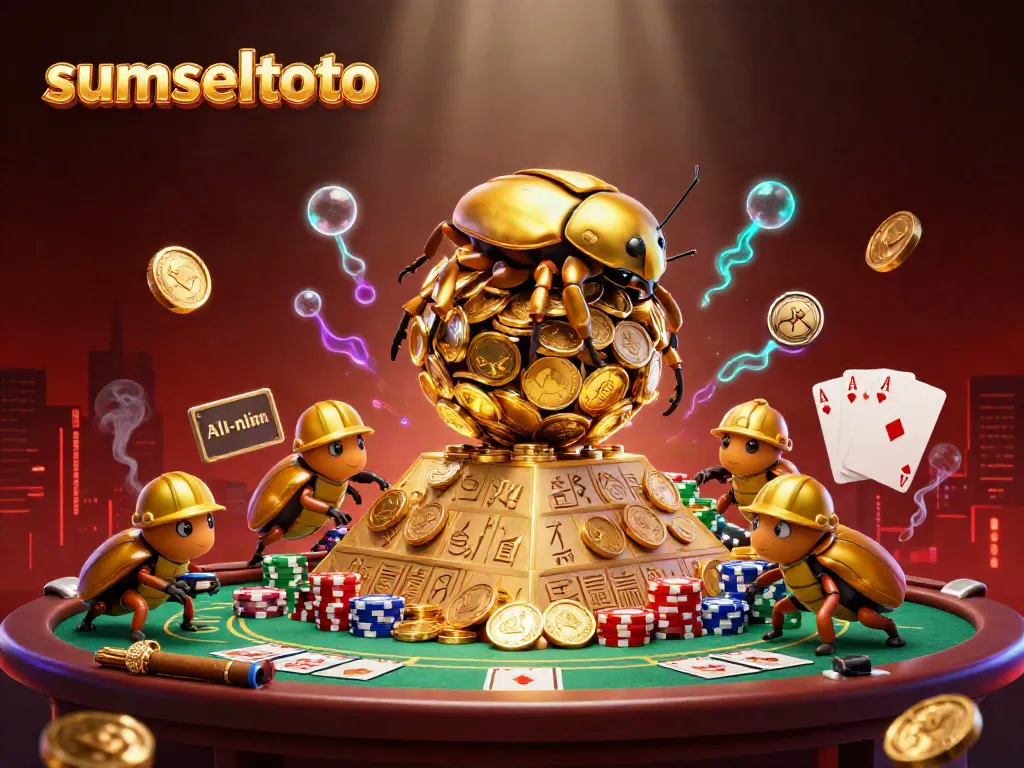 Sumseltoto showcases thrilling casino energy with cartoon gold beetles amidst gaming elements.