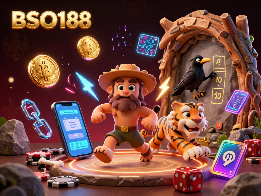 Experience thrilling moments at BSO188's prehistoric casino filled with crypto coins and vibrant energy.