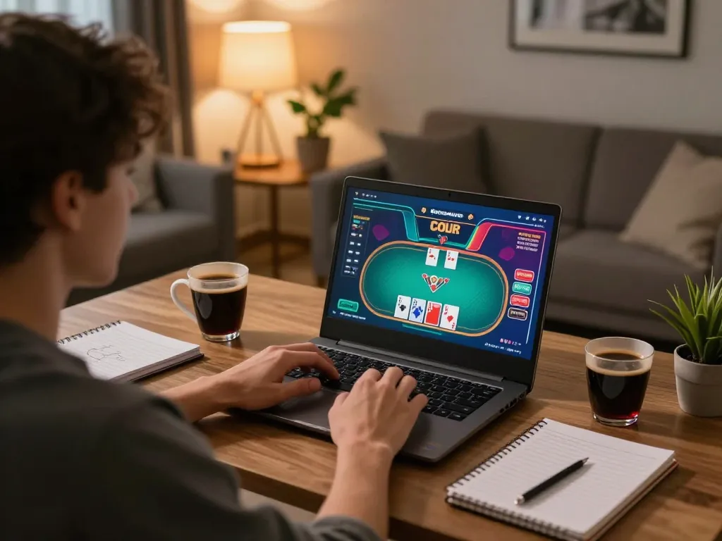 Engaged gamer exploring top 10 game bài strategies on a laptop in a cozy home setting.