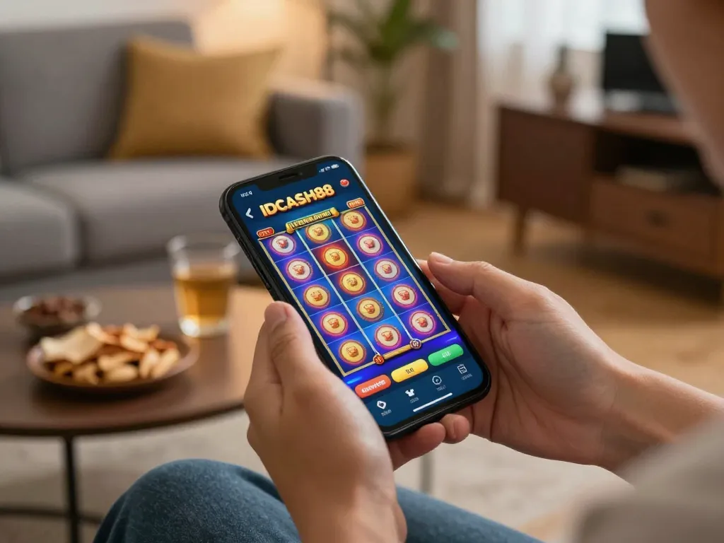Engaging with IDCASH88 casino app on smartphone in a cozy home setting while enjoying a casual gaming experience.