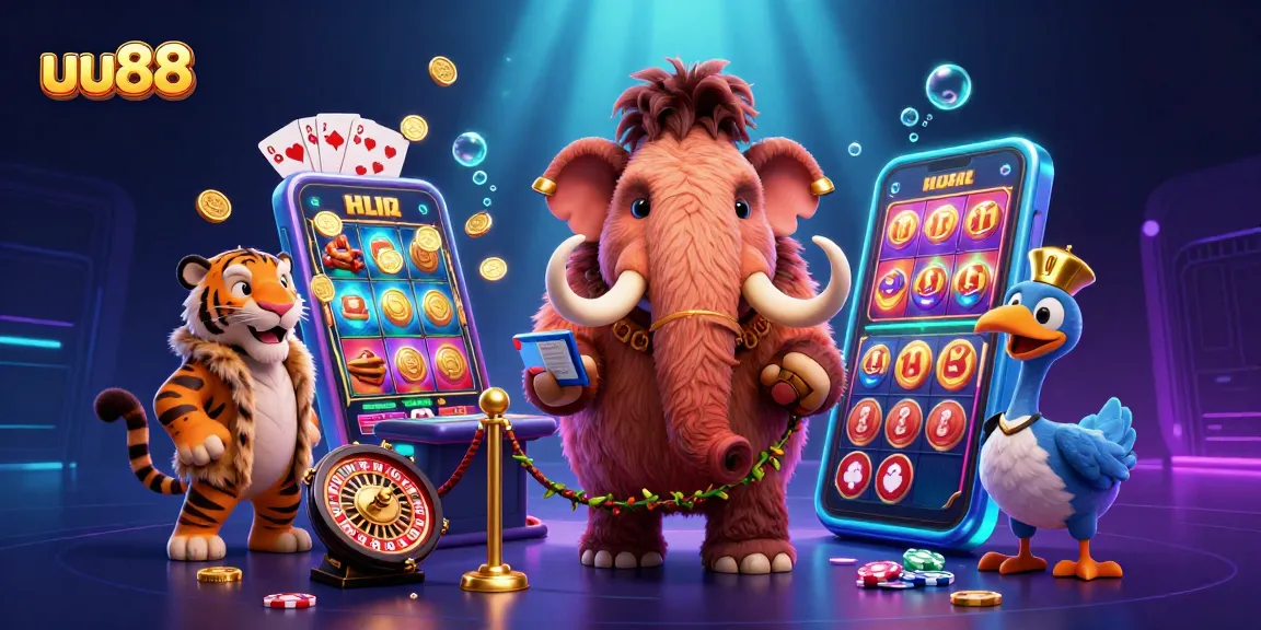 Experience thrilling gaming at uu88 with a vibrant 3D casino scene featuring a bouncer, VIPs, and dynamic slot elements.