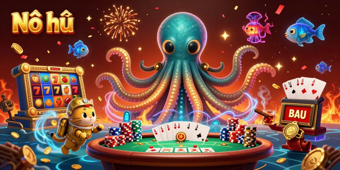 Experience thrilling Nổ hũ gameplay with a colorful 3D scene of a kraken, diving cat, and slot elements.