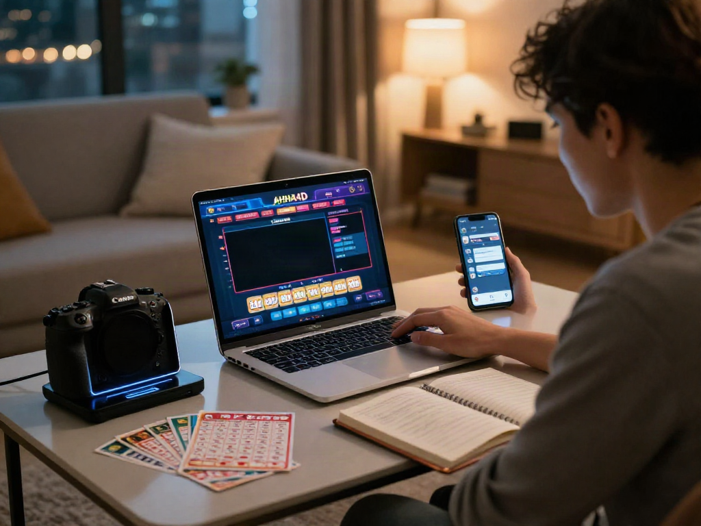 Engaged user exploring AHHA4D online lottery features on a laptop in a cozy urban setting.