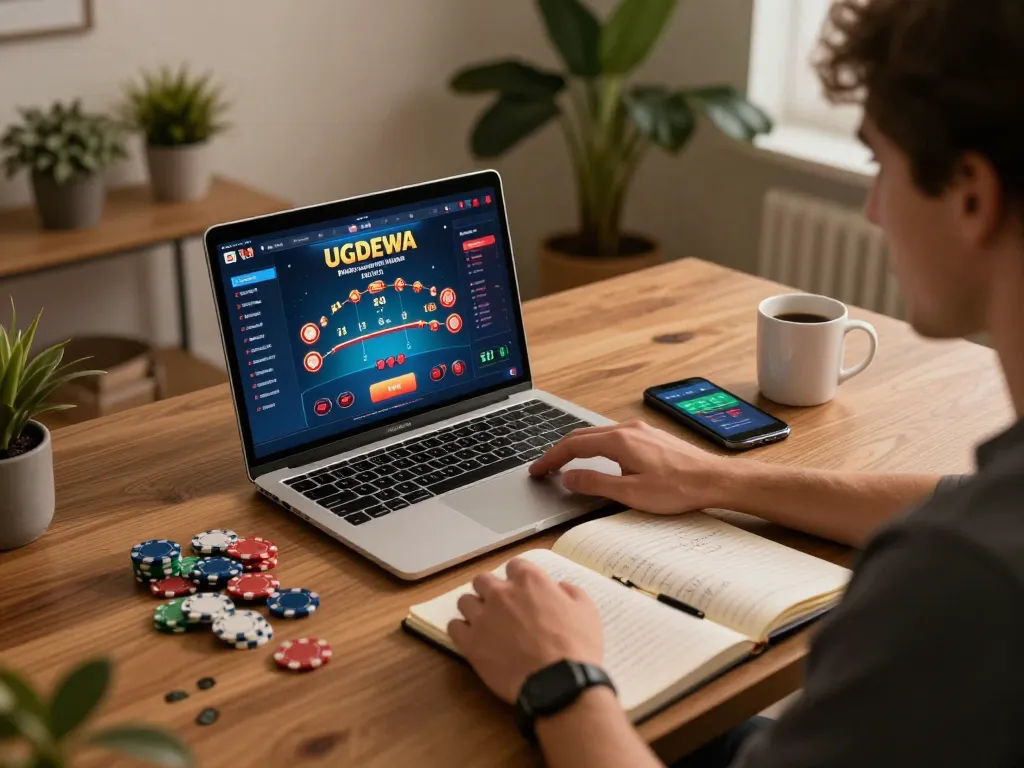 Engaging player strategizing at UGDEWA online casino setup with poker chips and smartphone.
