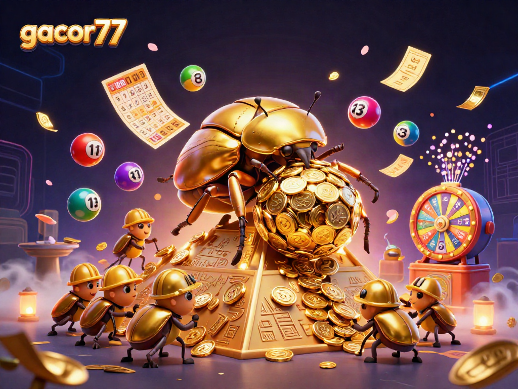 Menggulung bola emas, gacor77 menghadirkan aktivitas kasino penuh warna dan keberuntungan dalam ilustrasi 3D.