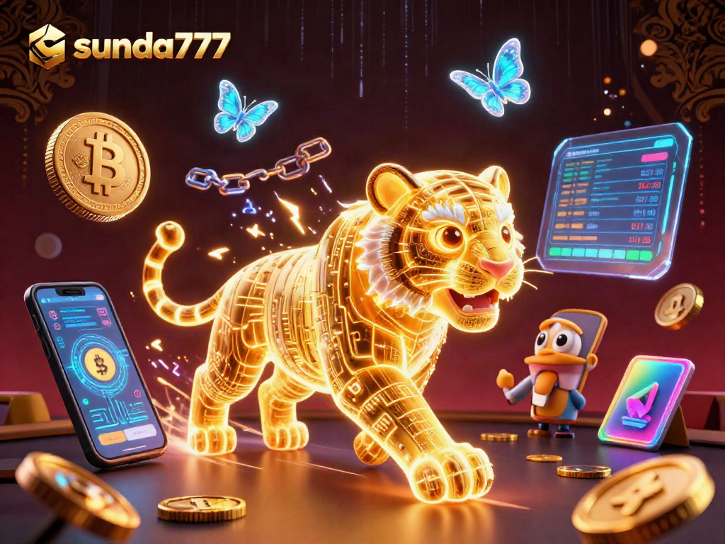 Ulasan sunda777 tentang kasino digital dengan harimau neon 3D dan elemen Bitcoin.