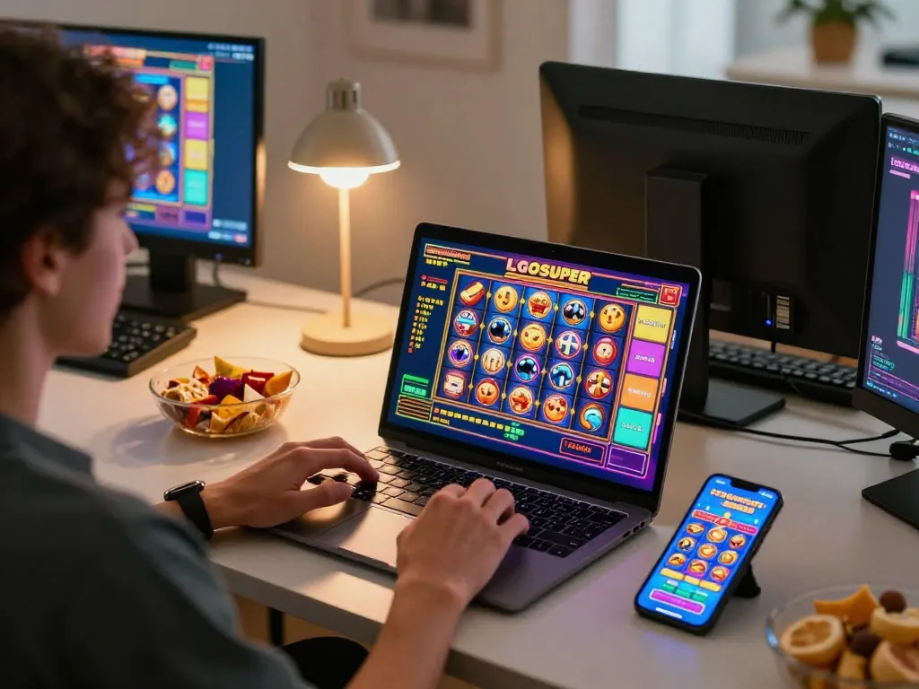 Engaging in LGOSUPER slot games online, showcasing immersive gaming experience at home