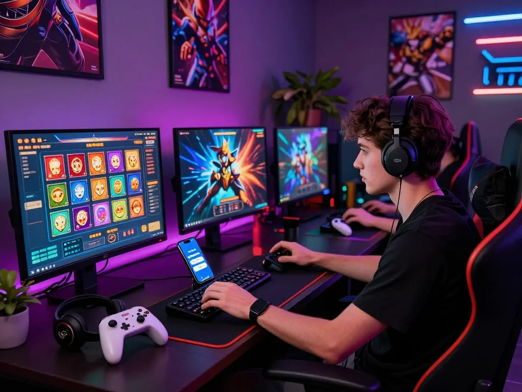 Engaging scene of a young adult using ligasedayu login on multiple screens in a dynamic gaming setup.
