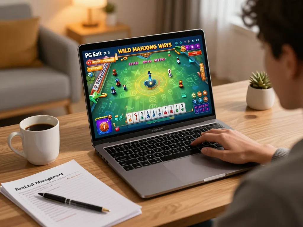 IDNSCORE offers an engaging online gaming experience with PG Soft Wild Mahjong Ways on a cozy home desk.