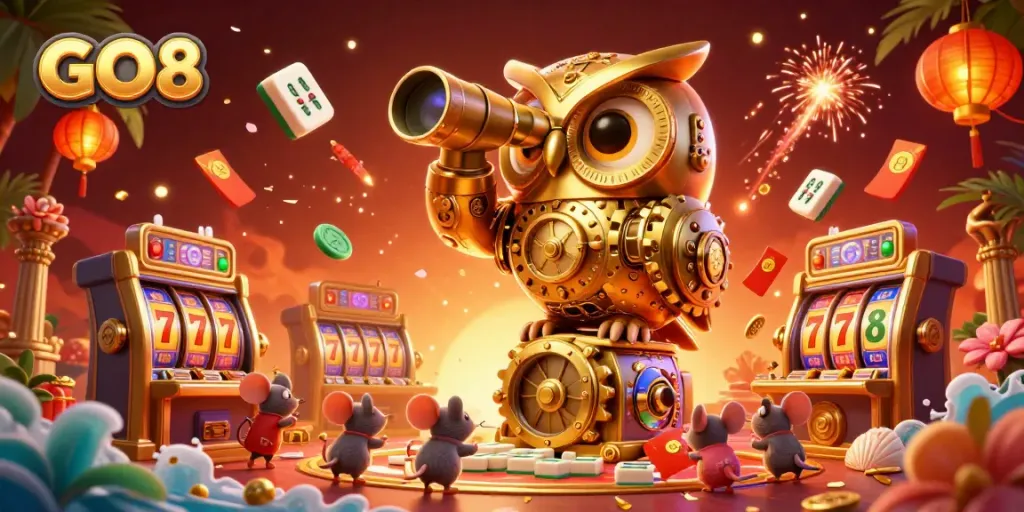 Experience captivating GO8 casino action with animated characters amidst vibrant slot game elements.