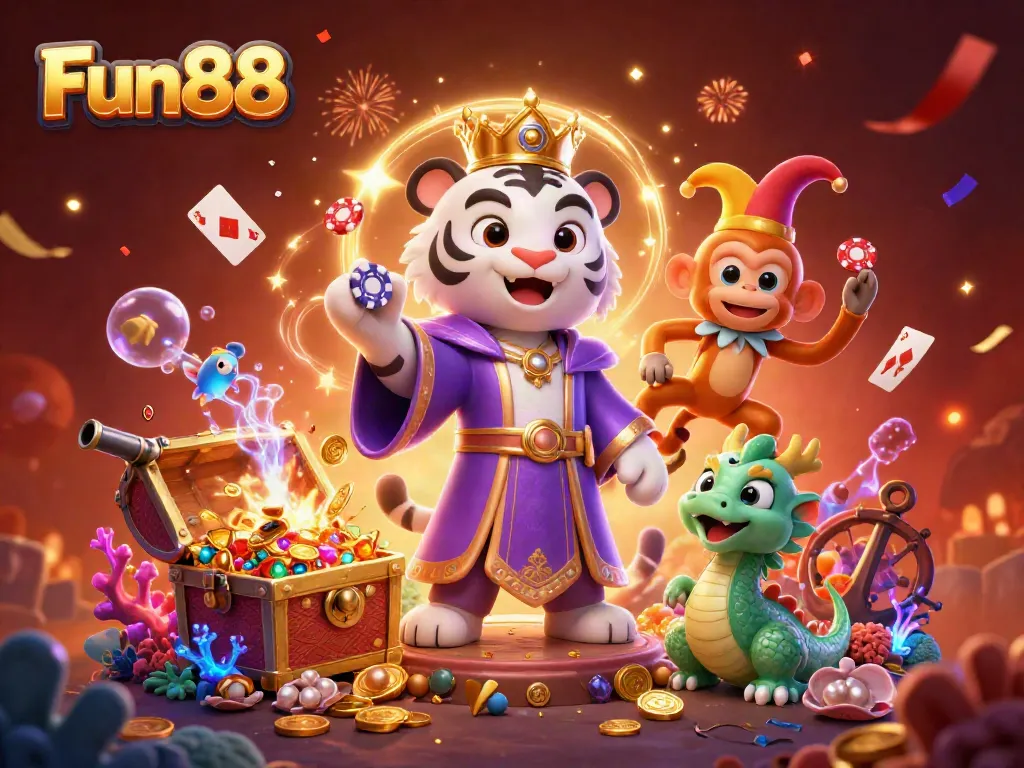 Experience the vibrant Fun88 gaming universe with a joyful tiger and monkey amidst treasures.