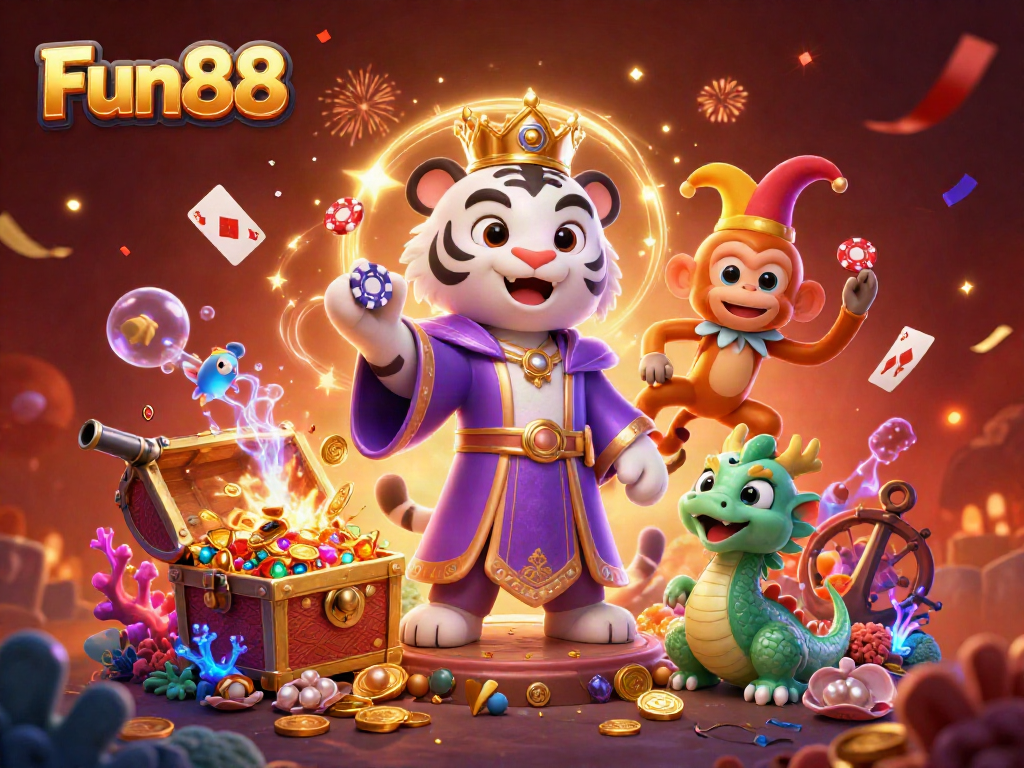 Experience the vibrant Fun88 gaming universe with a joyful tiger and monkey amidst treasures.