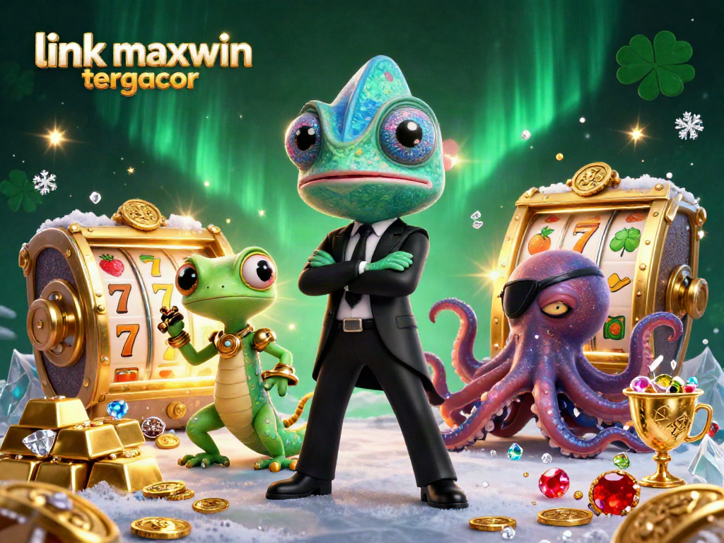 Engage with the link maxwin tergacor in this captivating 3D casino scene featuring slot reels and colorful characters.