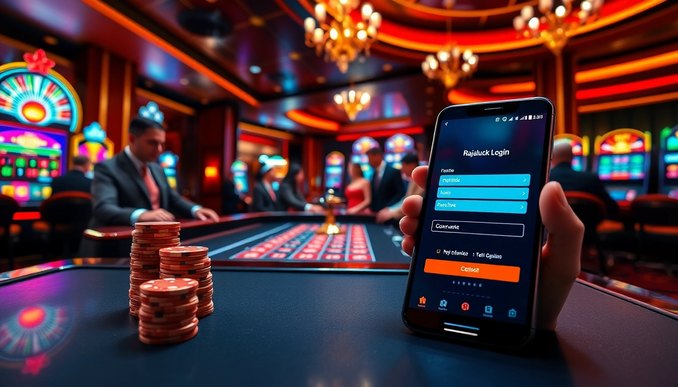 Experience Rajaluck Login excitement in a luxury casino with engaging players and bustling slot machines.