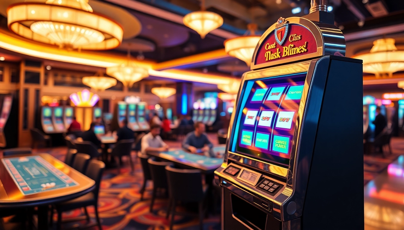 Menangkan jackpot di slot machine yang bersinar di kasino modern yang mewah.