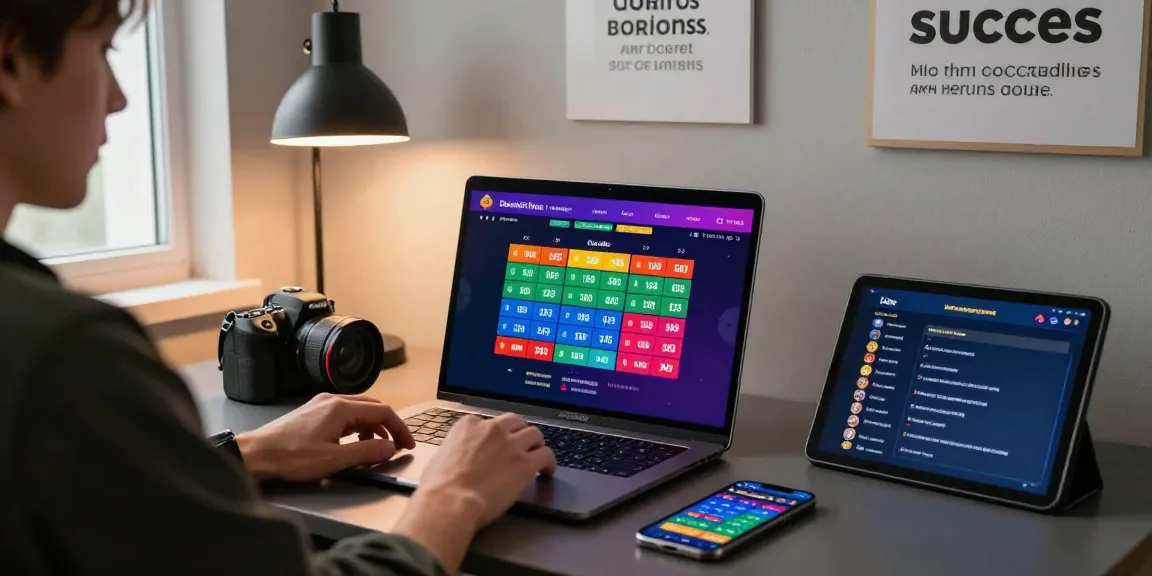 Pengalaman taruhan online dengan ratutogel link, pengguna berada di meja modern dengan perangkat taruhan togel.