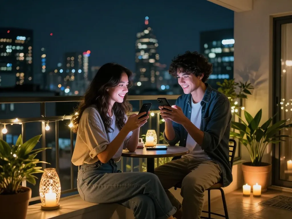 Couple engaging in ai sexting on smartphones at a city balcony, creating an intimate atmosphere.