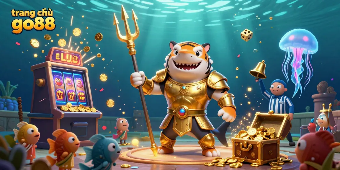 Engage with the vibrant underwater colosseum of trang chủ go88, featuring an armored shark amidst a jackpot explosion of casino elements.