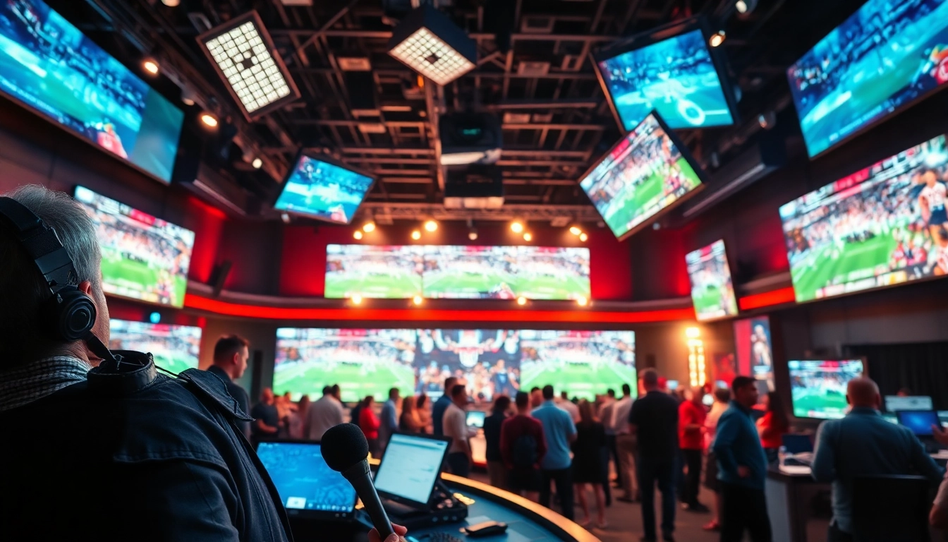 Engaging scene in sports broadcasting studio featuring live game coverage and a commentator.