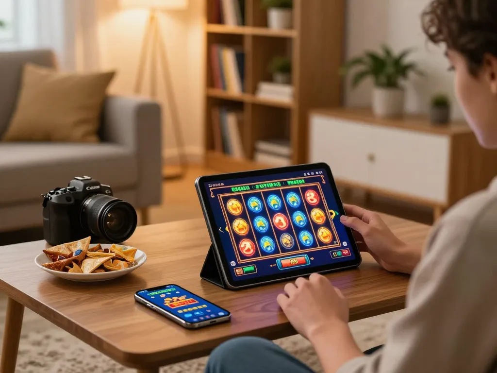 Engaging online gaming experience with UGDEWA slot app on tablet in a cozy home setting.