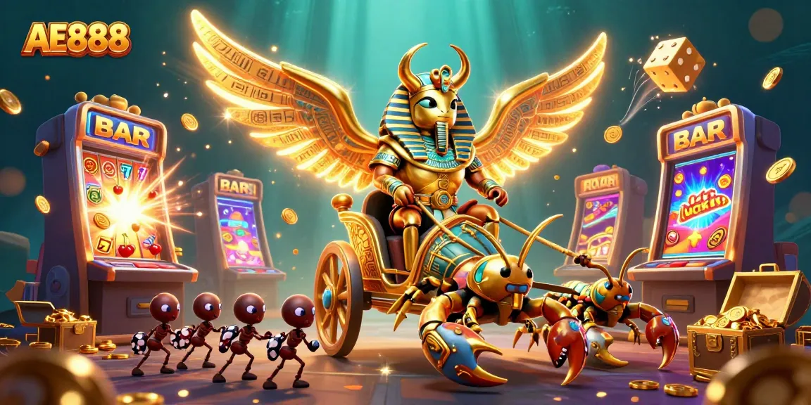 Spin to win at AE888 with a vibrant jackpot scene featuring golden scarab and scorpions!