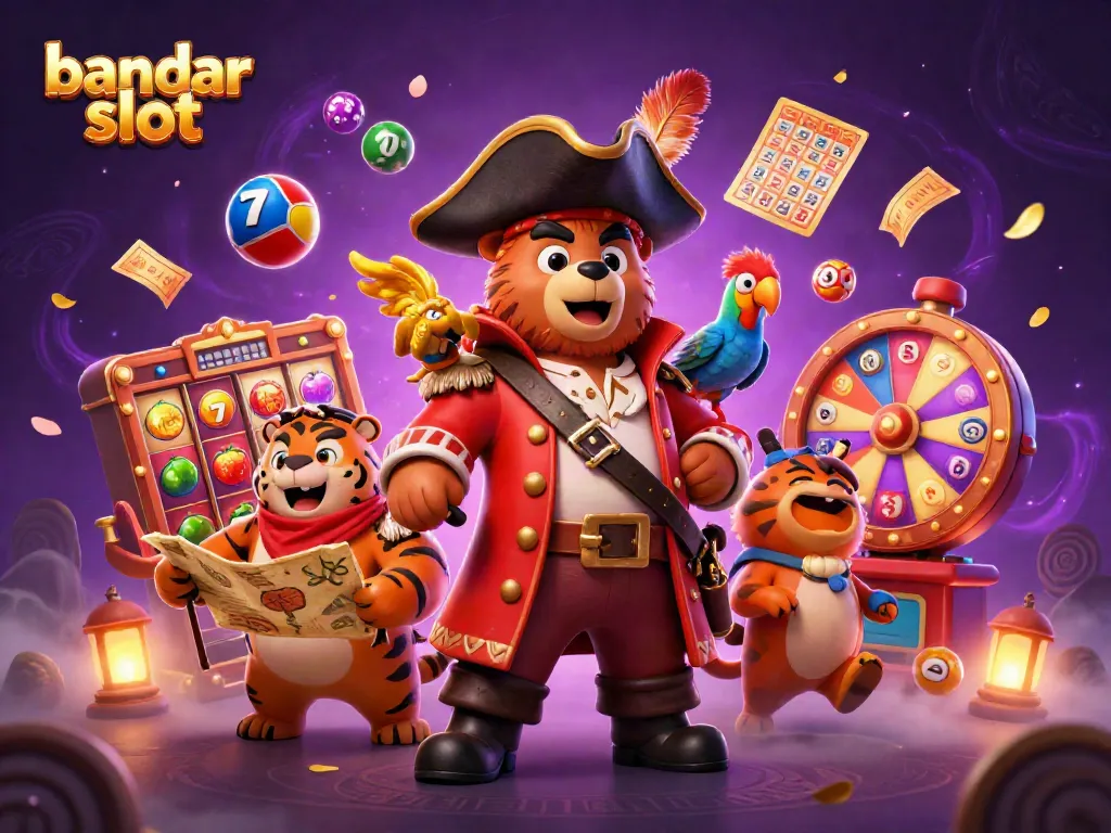 Gambarlah bandar slot yang menyenangkan dengan simbol slot, bola lotere berwarna, dan suasana ceria.