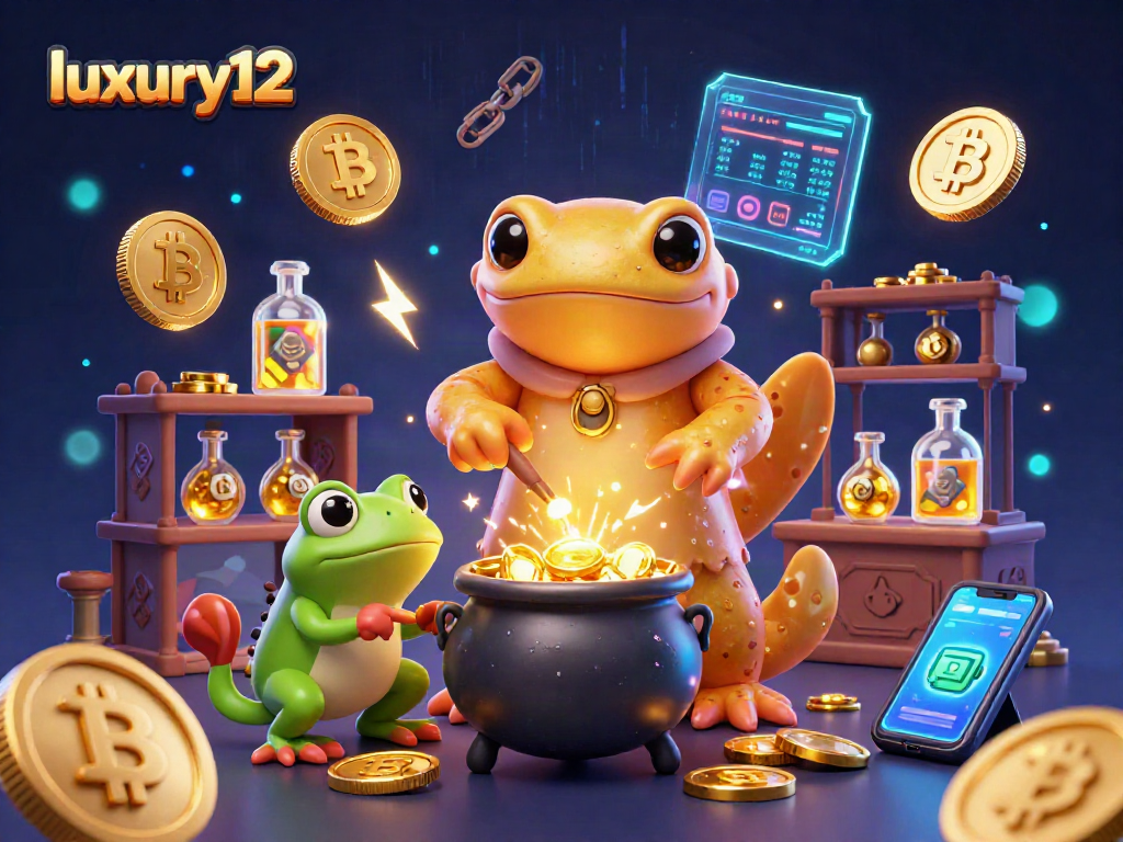 Engage with luxury12's vivid world: golden alchemist and crypto elements in a dynamic scene.