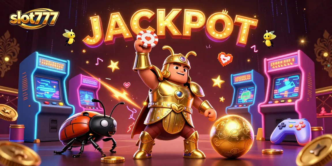 Engage with thrilling slot777 action featuring cartoon beetles celebrating a jackpot amidst vibrant casino elements.