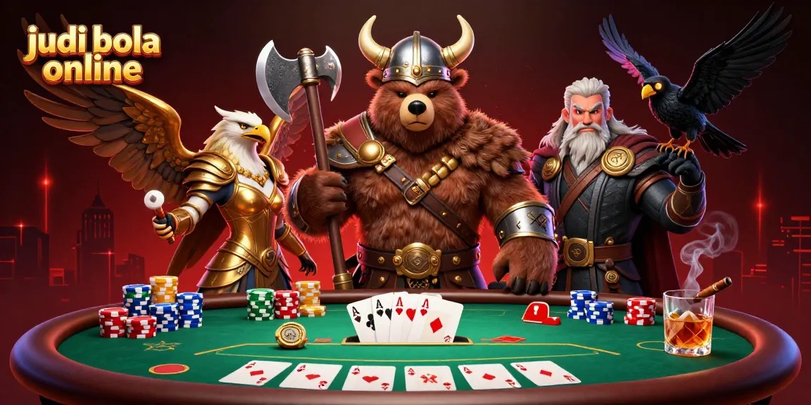 Engage in judi bola online with a vibrant 3D illustration of Viking bear and Valkyrie eagle at a poker table.