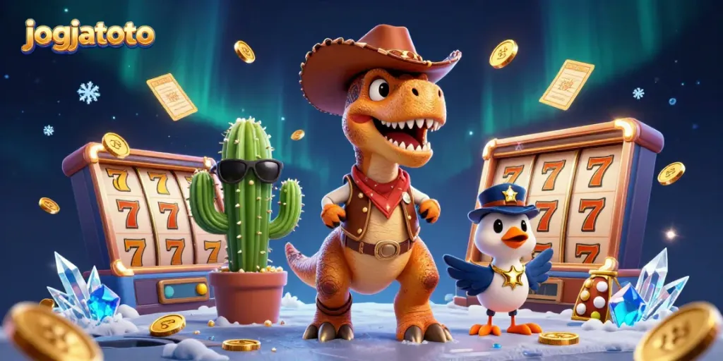 Engage with slots and jackpots at jogjatoto, bringing vivid animation from a T-Rex dinosaur and friends.