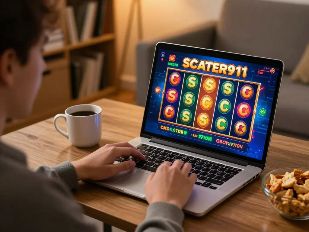 Engaging player enjoying SCATTER911 slot game on laptop at home, celebrating gameplay.