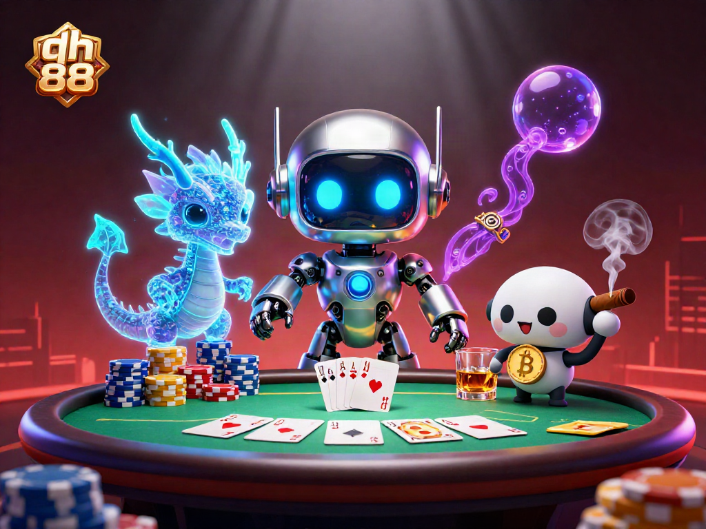 Experience the exciting world of qh 88 gaming with a cyberpunk robot mascot and engaging poker elements.