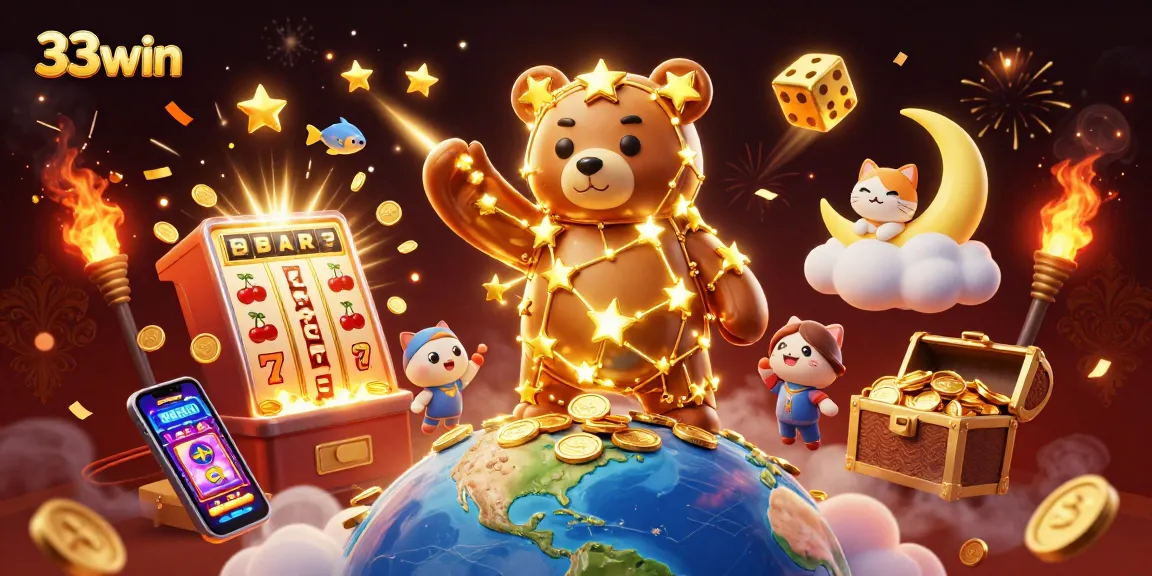 Experience 33win with a vibrant casino scene filled with stars and gold!