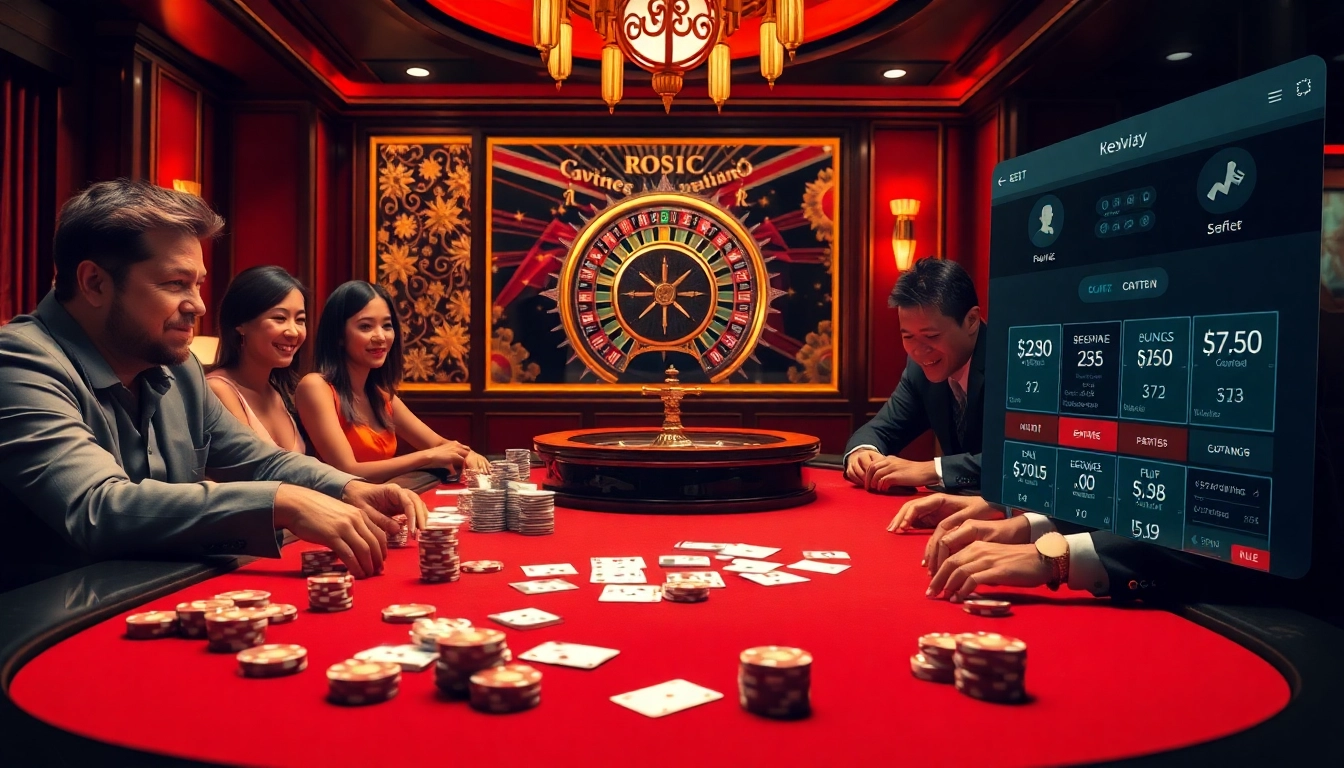 Engaging casino scene showcasing dynamic gaming with 包网 services, poker chips, and a roulette wheel.