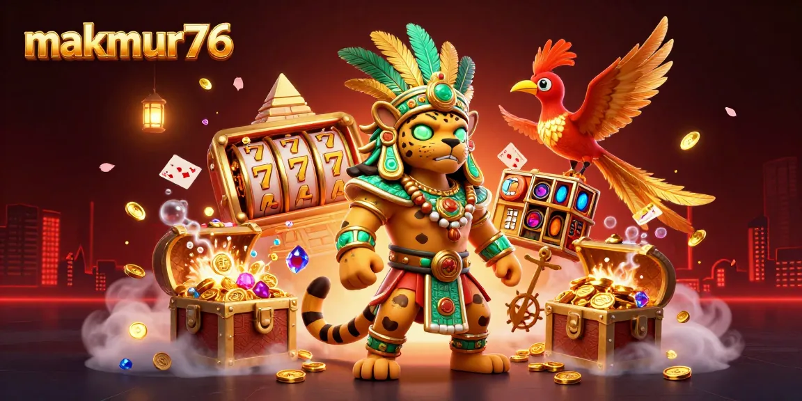 Experience gambling excitement with makmur76's vibrant 3D illustration featuring dynamic casino elements.