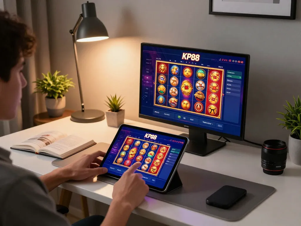 Player engaging with KP88 online casino app on tablet in modern home office setting.