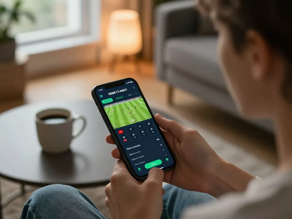 RR99 mobile betting app in a cozy living room, showcasing live sports betting excitement.