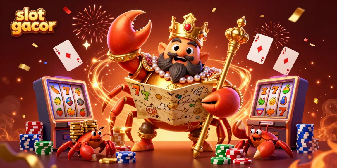 Engage with slot gacor excitement amid a vibrant casino scene featuring a golden crab and dynamic slot symbols.
