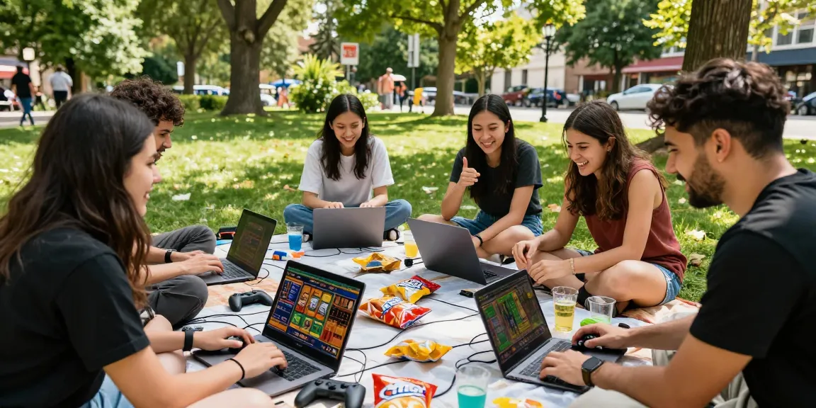 Teman-teman bermain slot online di taman, suasana ceria dan menyenangkan.