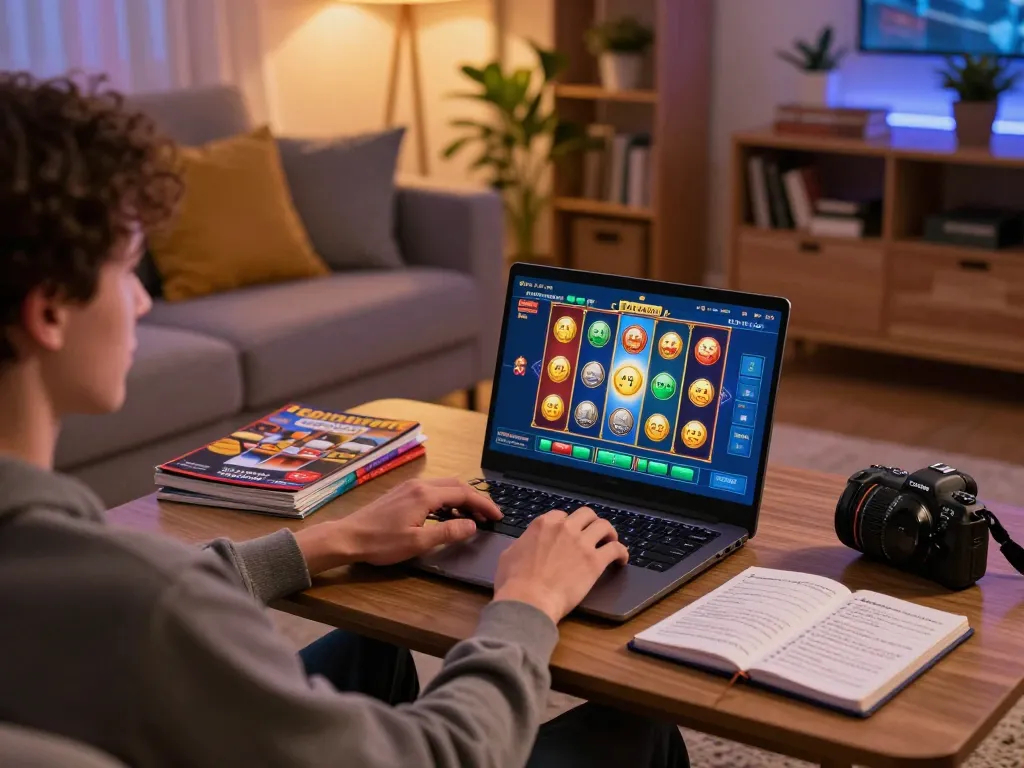Gamer exploring KEONG178 demo slots on a laptop in a cozy home setting, emphasizing online gambling engagement.